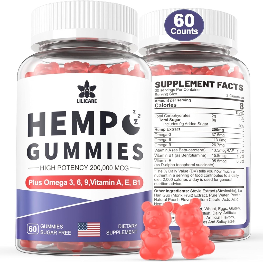 HempTotally Hemp Gummies 200mg, Υψηλής ισχύος Vegan Hemp Oil με Omega 3 6 9, βιταμίνη A、E & B1, Zero Sugar, 60 Gummies, 30 εξυπηρετούν
