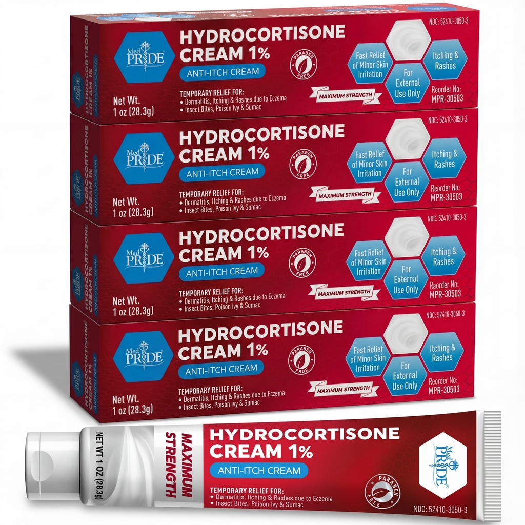 MED Pride Hydro Cortisone (Υδροκορτιζόνη) Κρέμα 1% OTC Μαζική Συσκευασία των 4 X 1 Oz Anti-Itch Αλοιφή για Εξάνθημα, Eczema, Bug Bites
