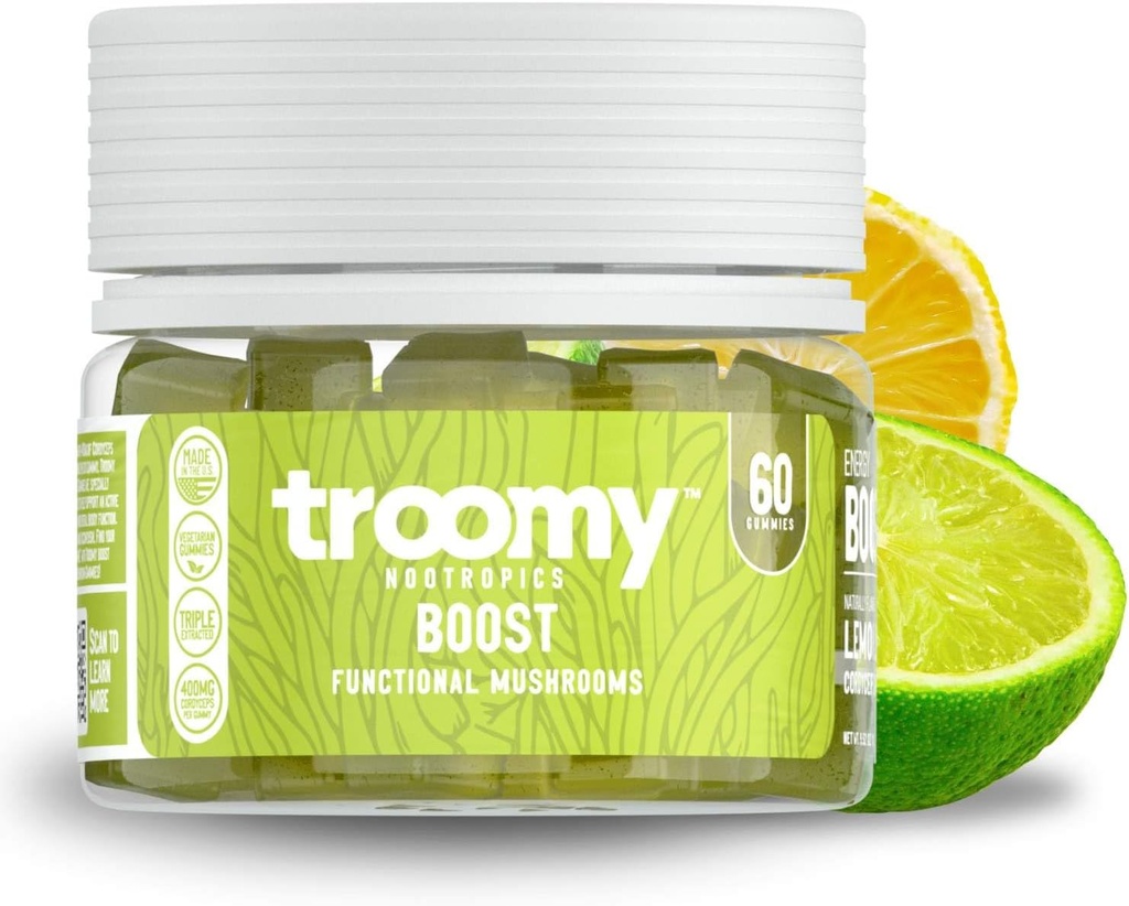 Troomy Boost Cordyceps Όλα τα φυσικά gummies μανιταριών - Υποστηρίζει ενεργό τρόπο ζωής & Hyper Focus - λεμόνι Lime - 60 κόμης