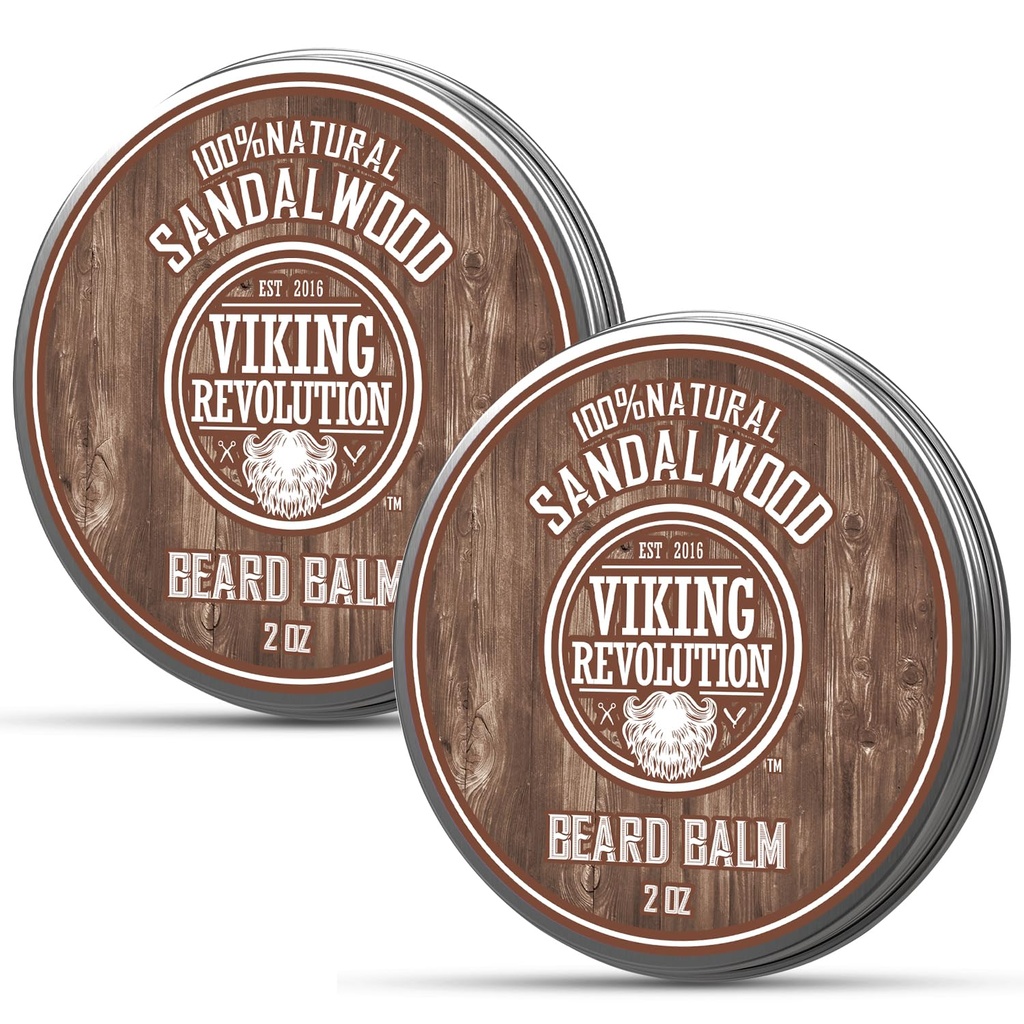 Viking Revolution Sandalwood Beard Balm - Βούτυρο με έλαιο Argan, Αποσκληρυντής για Άνδρες με έλαιο Jojoba - Beard Moisturizer για Άνδρες με κερί μέλισσας - Κερί για Άνδρες (2oz, 2 Pack)