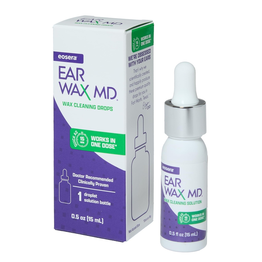 eosera® Ear Wax MD® - Σταγόνες αφαίρεσης κεριών αυτιών - Διαλύει το κερί αυτιών σε 1 μόνο θεραπεία - Ο γιατρός συνιστάται & κλινικά αποδεδειγμένα - Απαλό & ασφαλές - 15-mL
