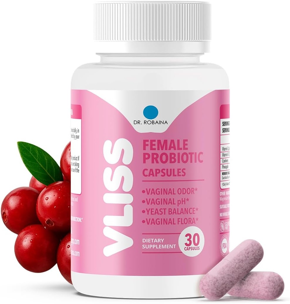 Dr. Robaina Women’s Daily Vaginal Probiotic + Cranberry & Pineapple, 5 B CFU Lactobacillus (rhamnosus, reuteri, gasseri, crispatus), pH Balance & Odor Control, Βιταμίνη C & B-12, 30 Vegan Κάψουλες