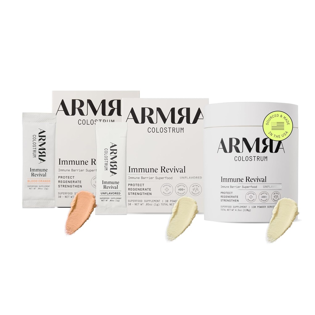 ARMRA ColostrumTM Premium Powder, Grass Fed, Gut Health Bloating Immunity Skin & Hair, Περιέχει 400+ Βιοενεργά θρεπτικά συστατικά, Keto, Γλουτένη & Fat Free (Blood Orange, Unflaved Bundle 
