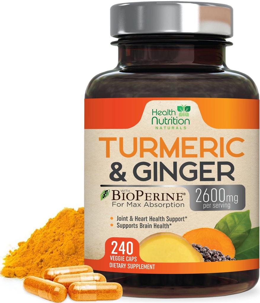 Turmeric Curcumin Supplement 2600mg - με Organic Ginger & Turmeric, 95% Κουρκουμινοειδή, BioPerine Μαύρο Πιπέρι για Καλύτερη Απορρόφηση, Vegan Κοινή Υποστήριξη, Μη-GMO, Εμφιαλωμένο στις ΗΠΑ - 240 Κάψουλες