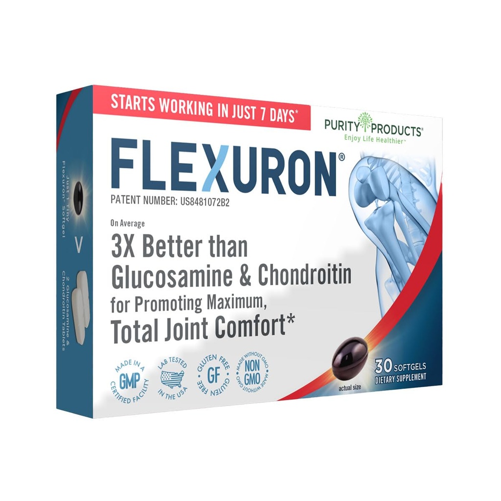 Προϊόντα καθαρότητας Flexuron Joint Formula 3X Better Than Glucosamine and Chondroitin - Αρχίζει να εργάζεται σε μόλις 7 ημέρες - Λάδι κριλ, χαμηλό μοριακό βάρος Υαλουρονικό οξύ, Ασταξανθίνη - 30 κόμη (1)