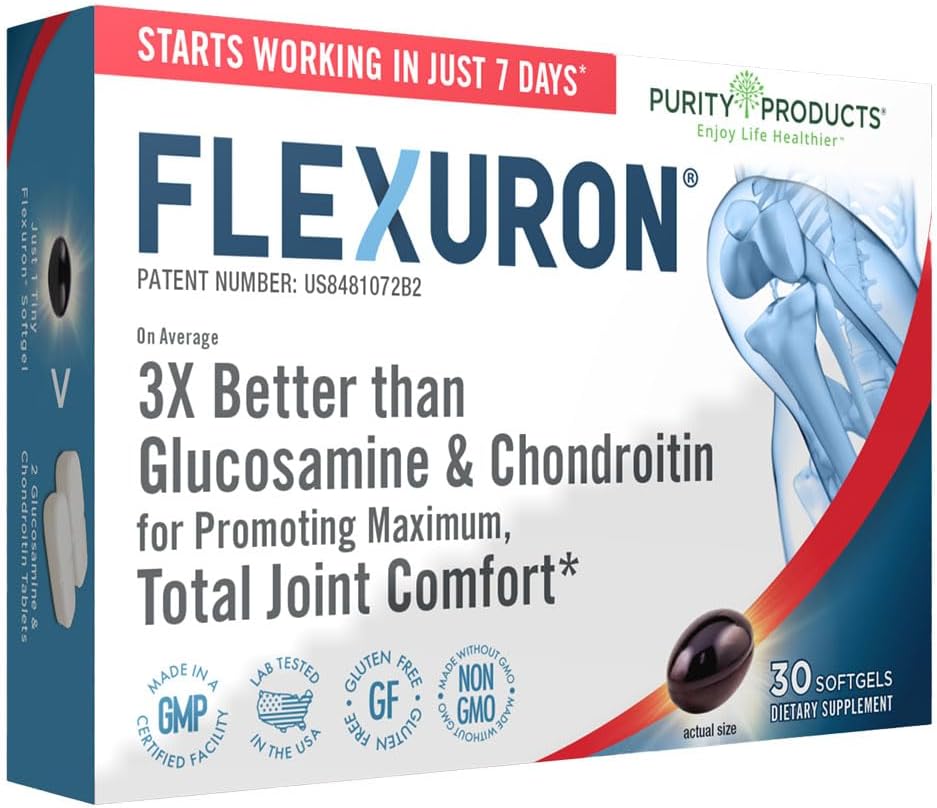 Προϊόντα καθαρότητας Flexuron Joint Formula 3X Better Than Glucosamine and Chondroitin - Αρχίζει να εργάζεται σε μόλις 7 ημέρες - Λάδι κριλ, χαμηλό μοριακό βάρος Υαλουρονικό οξύ, Ασταξανθίνη - 30 κόμη (1)