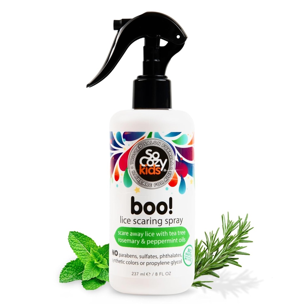 SoCozy Boo Ψείρες τρομακτικό σπρέι για τα παιδιά μαλλιά, αποτελεσματική θεραπεία ψείρων (8 fl Oz) κλινικά αποδεδειγμένα για να αποσπούν ψείρες, ψεκασμός ρύθμισης με λάδι τσαγιού, λάδι δεντρολίβανο & κερατίνη, Paraben & Sulfate δωρεάν