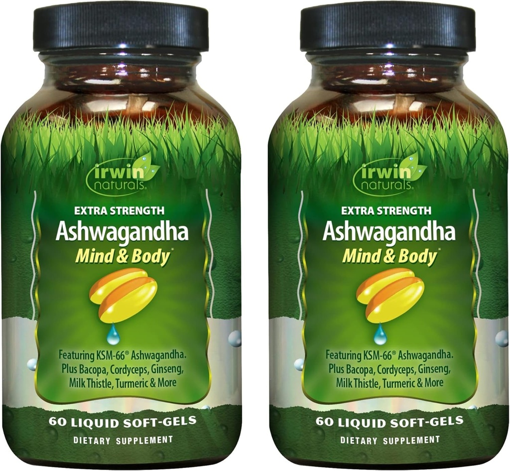 Irwin Naturals Extra Strength Ashwagandha - 60 Liquid Soft-Gels - Βοηθά στην ενίσχυση της φυσικής και ψυχικής απόδοσης - με Tumeric & Milk Thistle - 60 Servings