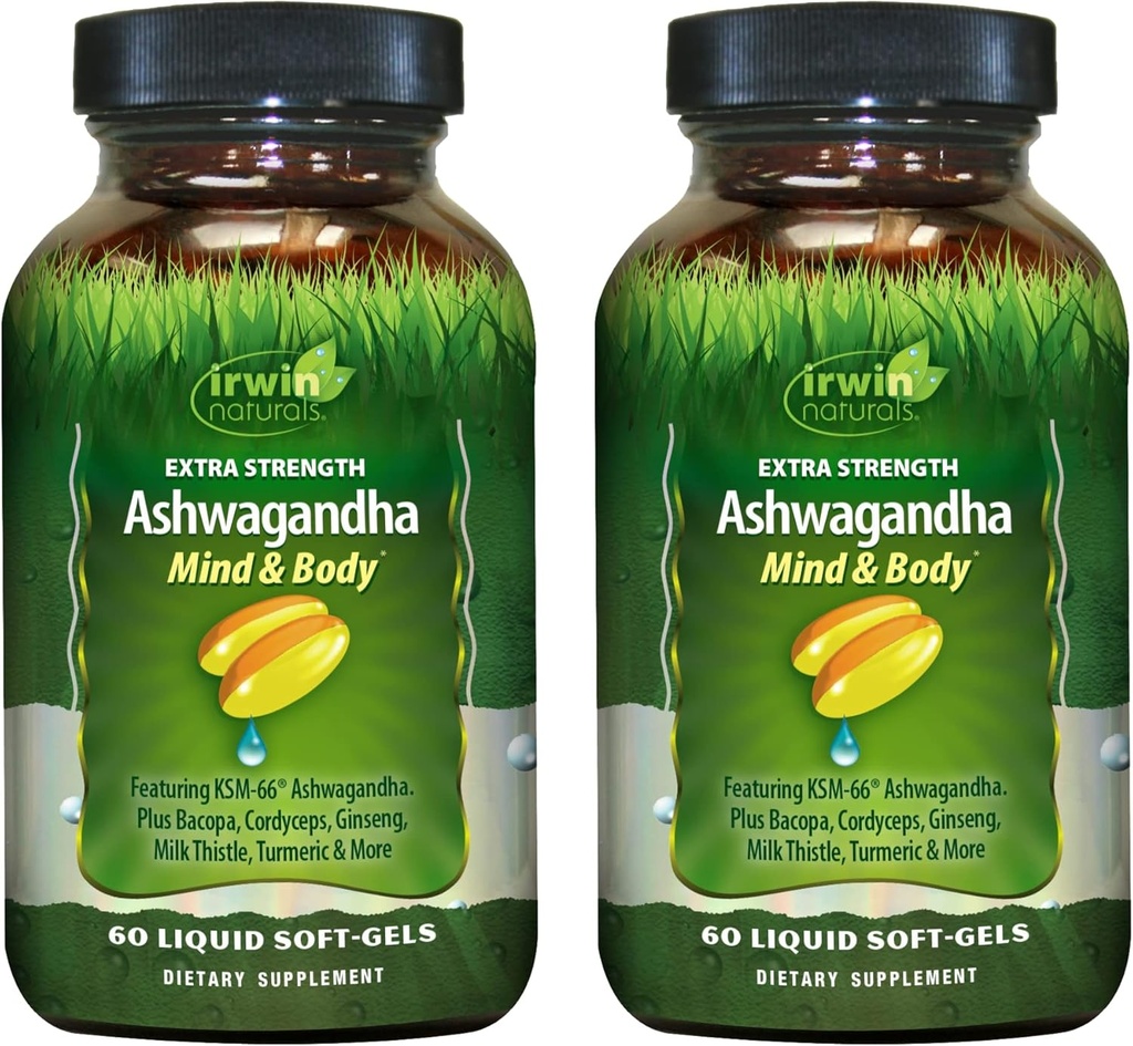 Irwin Naturals Extra Strength Ashwagandha - 60 Liquid Soft-Gels - Βοηθά στην ενίσχυση της φυσικής και ψυχικής απόδοσης - με Tumeric & Milk Thistle - 60 Servings