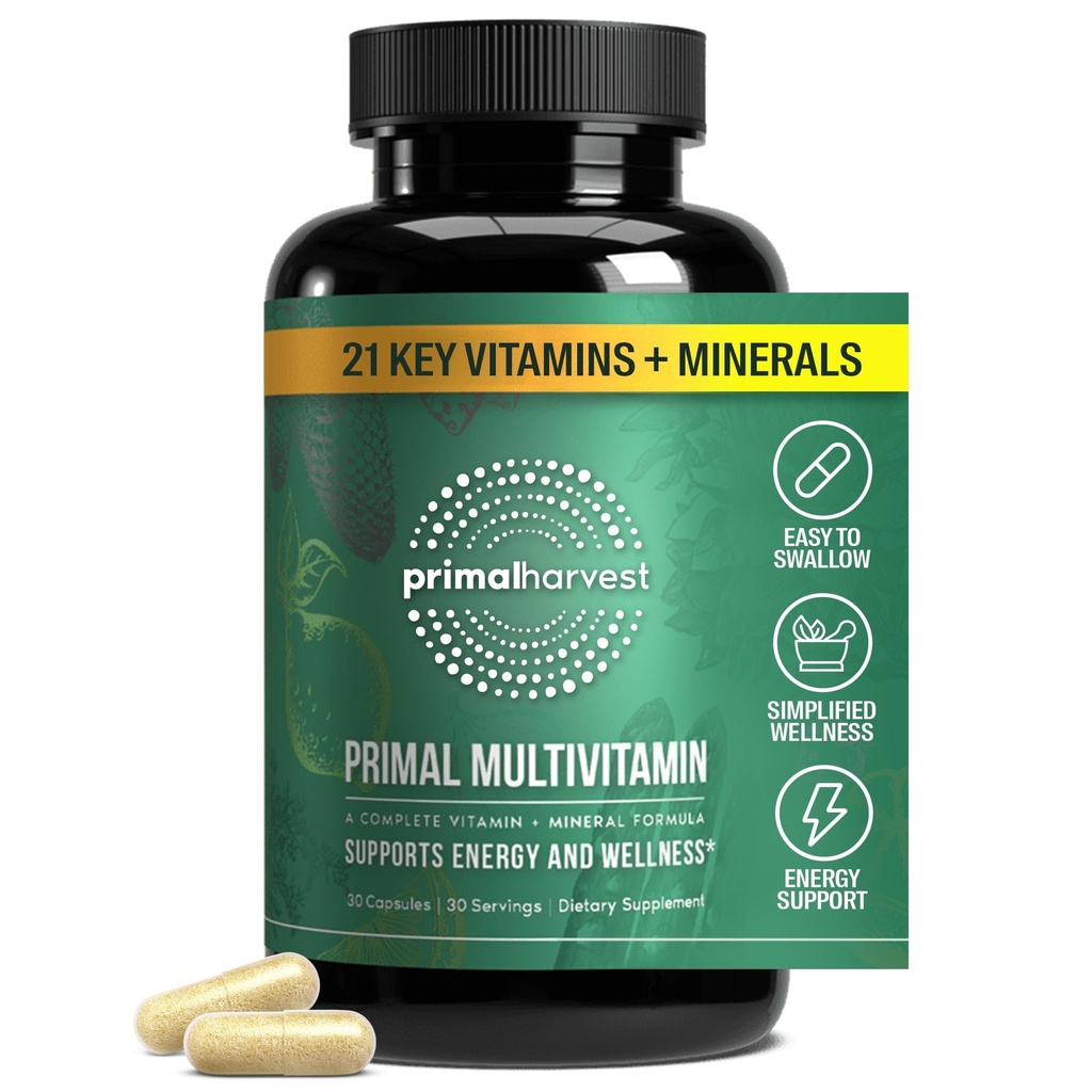 Primal Harvest Primal Multivitamin - Daily Multi-Vitamin Supplement with 21 Essential Vitamins & Minerals for Women & Men - Βιταμίνη Α, C, D, E, B12, B6, Βιοτίνη, Φολικό οξύ, ψευδάργυρος, χαλκός & σελήνιο