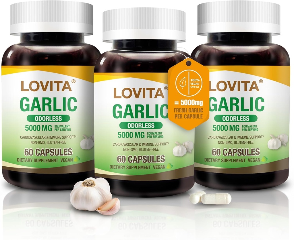 Lovita Odorless Garlic Capsules, 5000mg Fresh Garlic Equivalent, 1.25% Allicin Extract, Supports Heart, Blood Pressure, Cholesterol & Immune System, Non-GMO, Gluten-Free, 180 Vegan Capsules