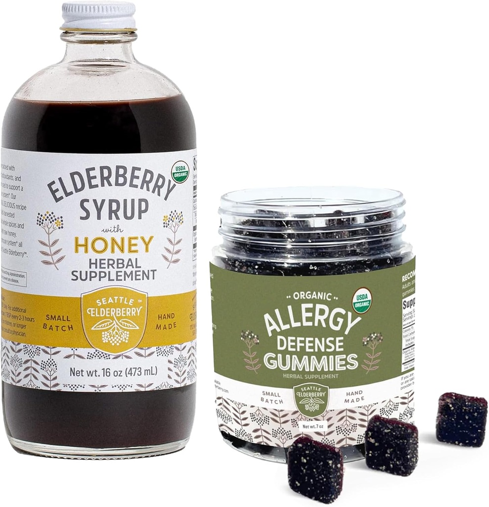 Βότανο συμπλήρωμα Σιρόπι & Gummies Bundle – Ένα μπουκάλι 16oz Syrup Elderberry με μέλι & 7oz Original Gummys Elderberry Made from Only Organic Ingredients in The USA
