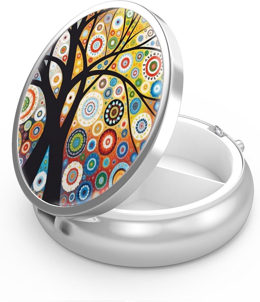 Pill Box 3 Compartment Small Pill Case,Portable for Pocket or Purse Pill Organizer Pill Container Holder to Hold Vitamins, Medication, Fish Oil and Supplements(Black Tree of Life)