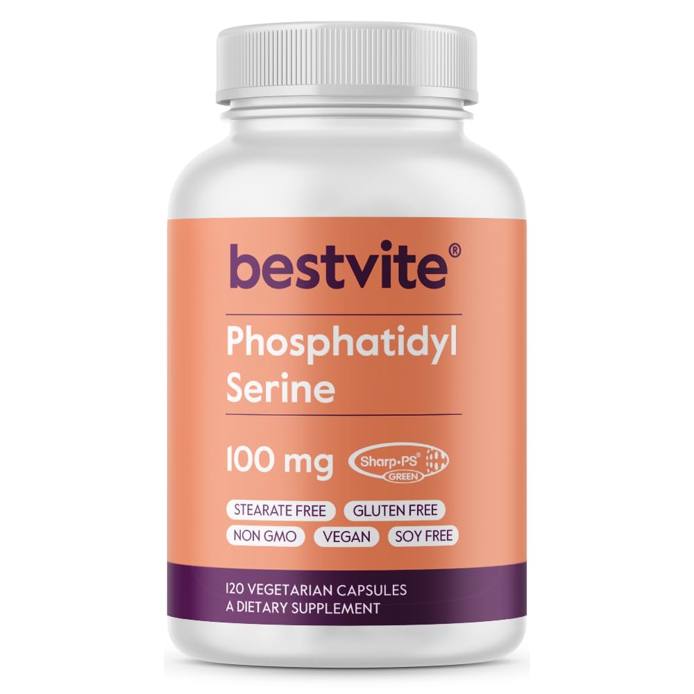 BESTVITE Phosphatidylserine 100mg ανά καψάκιο (120 κάψουλες χορτοφάγων) με πράσινο Sharp-PS® - Πατενταρισμένο και κλινικά ελεγμένο - Stearate Free - Χωρίς σόγια - Χωρίς γλουτένη - Vegan - Μη ΓΤΟ