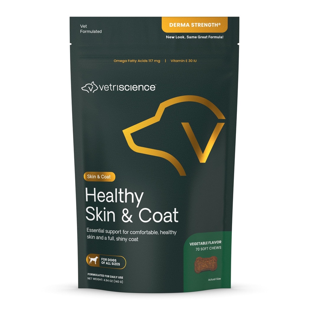 VetriScience Healthy Skin & Coat Chews, Derma δύναμη Omega-3 συμπλήρωμα σολομού για τα σκυλιά, Omega δέρμα και το παλτό Chews, την υγεία του δέρματος, την ανάπτυξη παλτό, ιχθυέλαιο και βιταμίνη Ε, Veggie, 70 κόμης