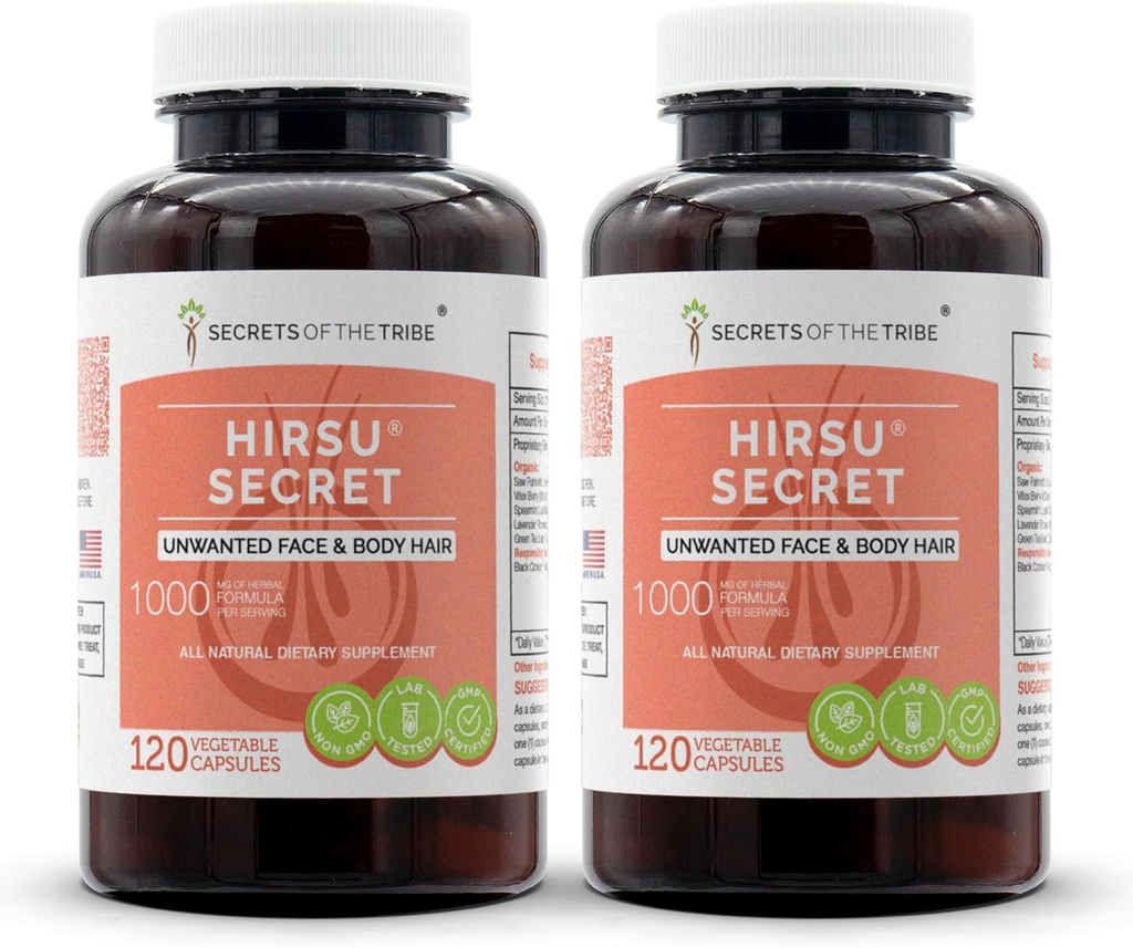 Hirsu Secret 120 Capsules(2 pcs.), 1000 mg, Saw Palmetto, Black Cohosh, Vitex, Spearmint, Lavender, Green Tea. Unwanted Face & Body Hair (2x120 Capsules)