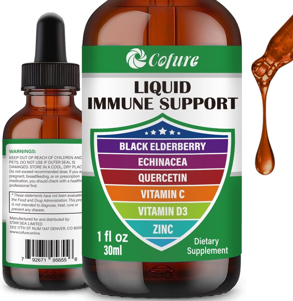 Zinc Quercetin Vitamin C D3 Liquid Immune Support with Organic Echinacea Elderberry, συμπλήρωμα για την άμυνα των ενηλίκων- Vegan, μη-GMO, Gluten Free - 1 FL Oz