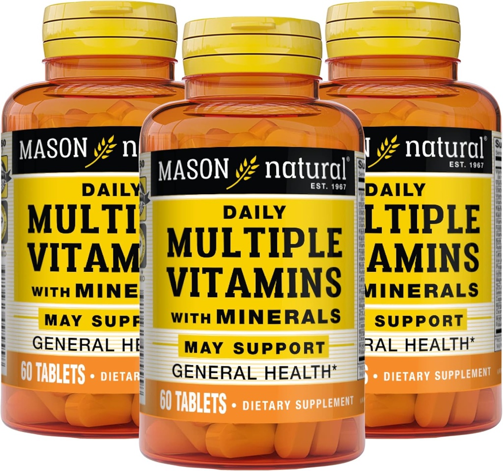 MASON NATURAL Daily Πολλαπλές Βιταμίνες με Ορυκτά - 24 Ουσιώδεις Βιταμίνες και Ορυκτά, Όλα σε Μία Πολυβιταμίνη, Υποστηρίζει τη συνολική υγεία, 60 δισκία (πακέτο των 3)