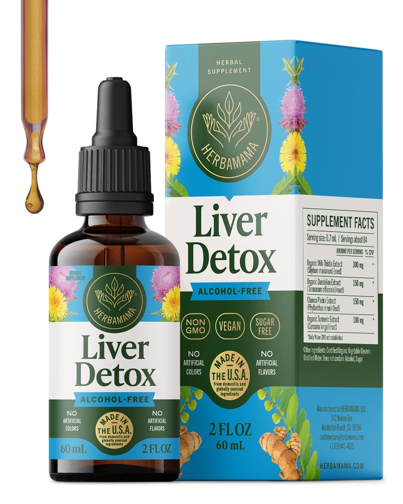 HERBAMAMA Liver Cleanse Detox & Repair - Συμπλήρωμα στήριξης ήπατος - Υγρές σταγόνες με γαϊδουράγκαθο γάλακτος, Dandelion Root & Chanca Piedra - Αλκοόλ & συμπλήρωμα υγρής καθαρισμού χωρίς ζάχαρη, 42 ημέρες προσφοράς