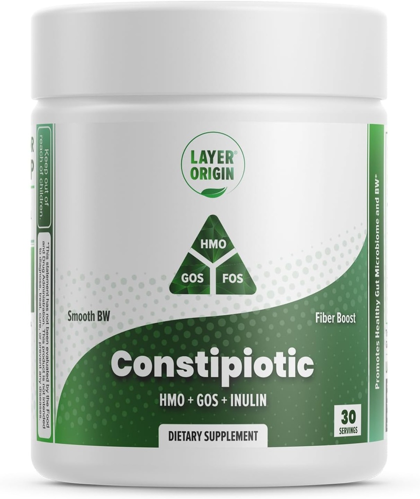 Layer Origin Constipiotic Prebiotic Fiber to Ease Bowel Movement and Support Regularity - 4.4 g Per Serving - HMO 2'FL, GOS, Inulin FOS - 30-Day Supply - Unflavored, No Taste, Dissolve Easily