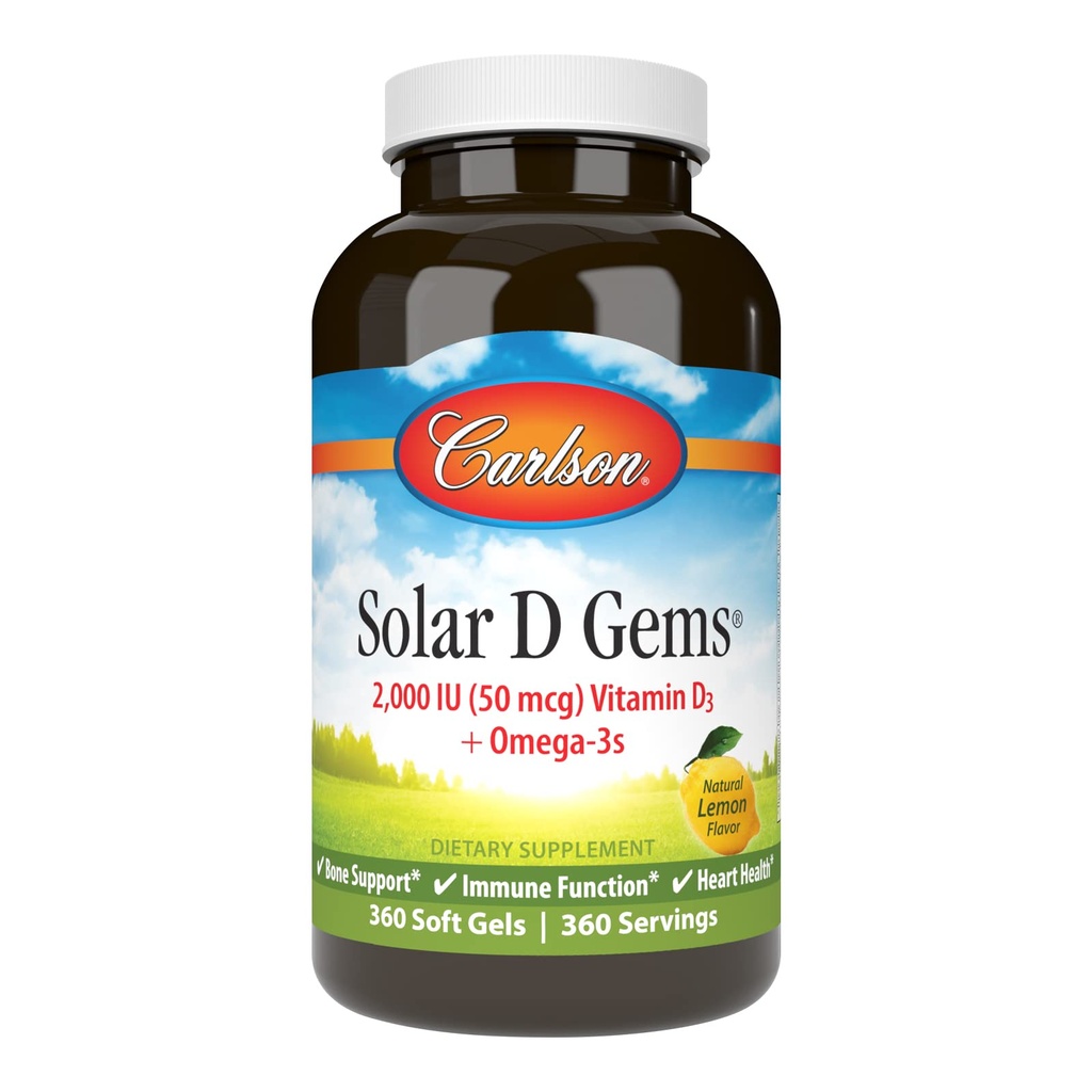 Carlson - Ηλιακοί D πολύτιμοι λίθοι, βιταμίνη D3 και Omega-3 συμπλήρωμα, 2000 IU (50 mcg) Βιταμίνη D3, 115 mg Omega-3s EPA και DHA συμπλήρωμα, Άγρια πιάστηκε, Με Βιώσιμη πηγή, λεμόνι, 360 Softgels