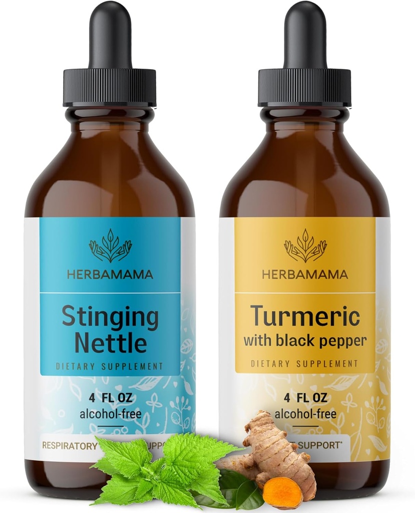 HERBAMA Herbal Liquid Drops Kit - Bundle of Stinging Nattle & Turmeric Curcumin Tincture 4 fl oz - Vegan, Μη ΓΤΟ, Ζάχαρη & Αλκοόλ-Δωρεάν - 2 Pack