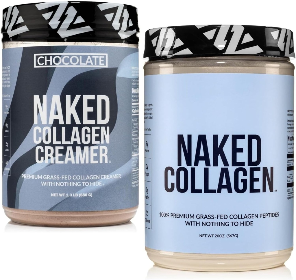 NAKED Collagen Coffee Creamer Chocolate 40 Σερβίρουμε + Collagen Peptides Protein Powder Unflavored 60 Σερβιρίσματα Bundle: Μη ΓΤΟ, Κέτο, Χωρίς γλουτένη, Παλαιο-Φιλικά, Χωρίς σόγια.