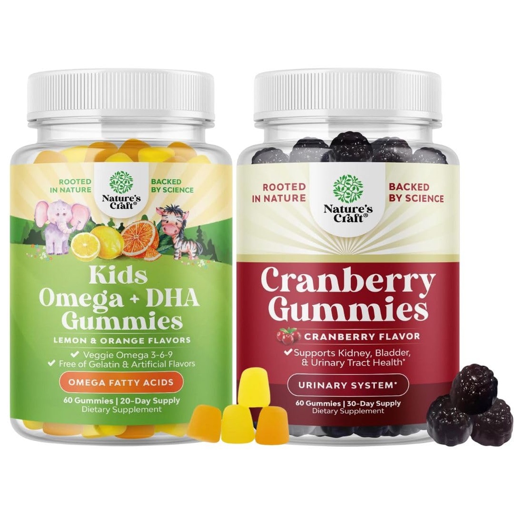 Πακέτο Φυτικών Ωμέγα 3 Gummies για τα παιδιά και Φυσικό Cranberry Gummies για τις γυναίκες και τους άνδρες - για την όραση Ανοσία και Focus Υποστήριξη - για την υγεία των ουροφόρων πτηνών