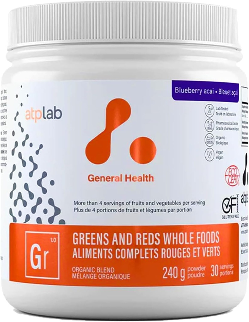 ATP LAB - Greens and Reds Whole Foods 240g (Blueberry Acai Flavour) - Athletic Greens Powder Superfood - Improve Mood and Circulation - Reduce Pressure
