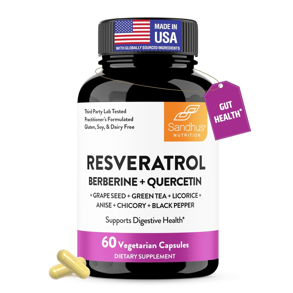 Resveratrol with Berberine Supplement For Gut Health Support | 60 Digestive Capsules For Women & Men | With Green Tea Extract, Star Anise, DGL, Grape Seed & Quercetin | Helps Ease Bloating & Digestion