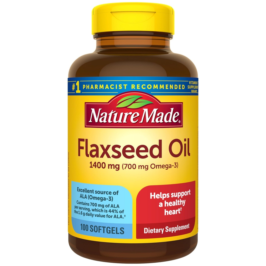 Nature Made Extra Strength Flaxseed Oil 1400 mg, Fish Free Omega 3 Supplement, Συμπλήρωμα διατροφής για την υποστήριξη της υγείας της καρδιάς, 100 Softgels, 100 Day Supply