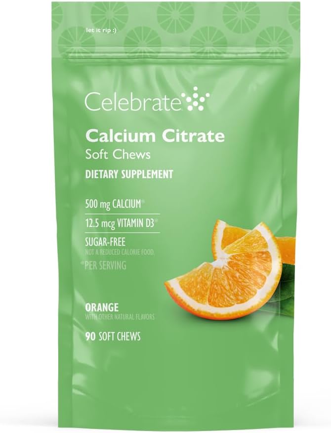 Γιορτάστε Βιταμίνες Βαριατρική 500mg Ασβέστιο Κιτρικό Μαλακό Μασά με 500 IU Βιταμίνης D3 – Απαραίτητη για Γαστρικό Παρέμβαση Ασθενείς & Υγεία των Οστών - Ζάχαρη & Χωρίς Γλουτένη, Πορτοκαλί (90 Μασούρια)