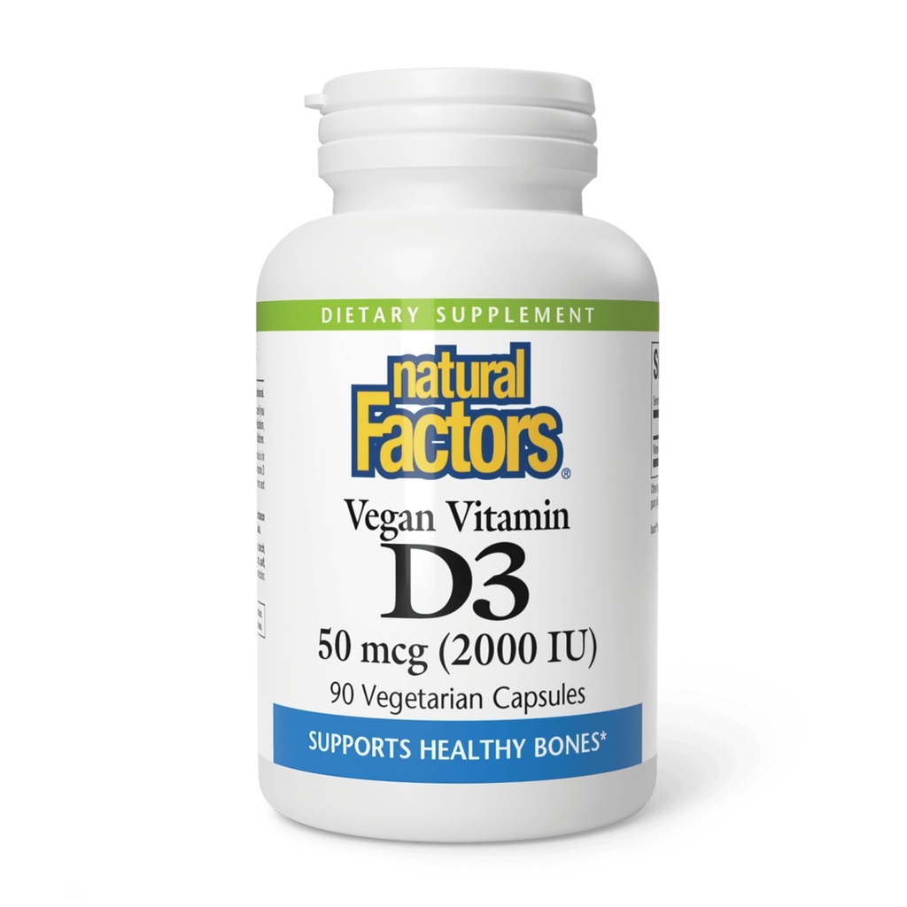 Natural Factors Vegan Vitamin D3 2000 IU - Supports Bone & Immune Health - Plant-Based Cholecalciferol - Vegetarian Capsules - 90 Capsules (90 Servings)