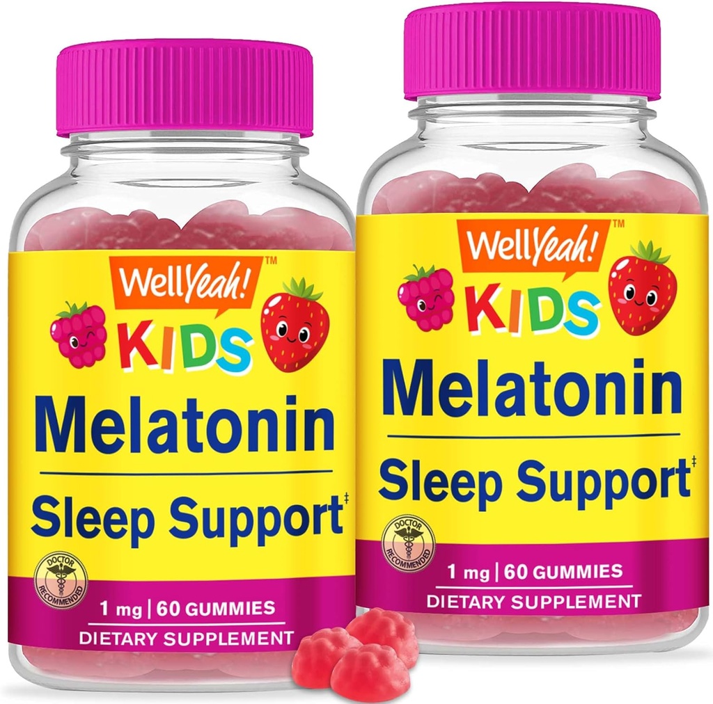 WellYe Kids Melatonin Gummies 1 mg (2 Pack) - συμπλήρωμα Gummy Sleep Aid χωρίς φάρμακα, Υποστήριξη ύπνου για τα παιδιά - Χωρίς γλουτένη, χωρίς ζελατίνη, χωρίς GMO, χορτοφαγικά - Φυσικό άρωμα - 60 Gummies
