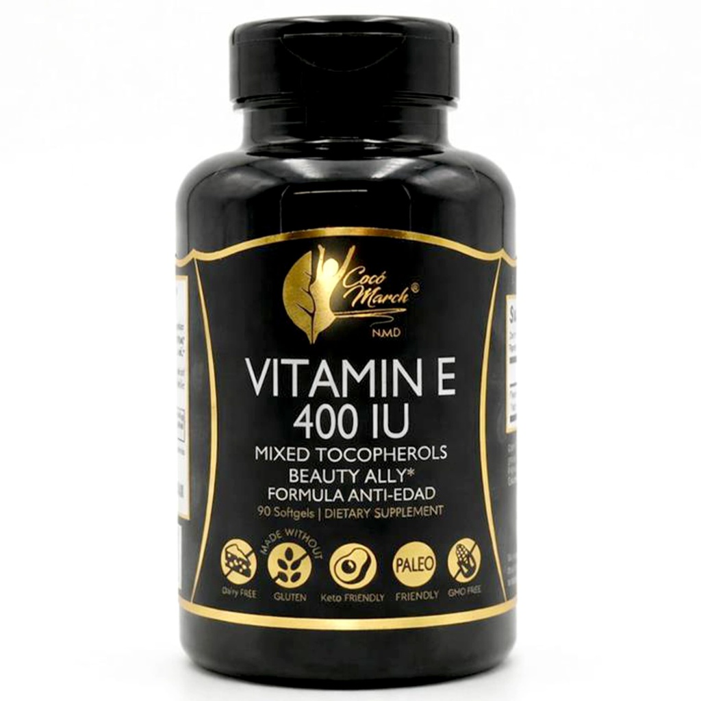 Coco March N.M.D Natural Vitamin E 400 IU Mixed Tocopherols – Immune Support Supplement for Heart, Skin & Eye - Antioxidants for Women & Men, Gluten Free & Dairy Free, 3-Month Supply, 90 Softgels