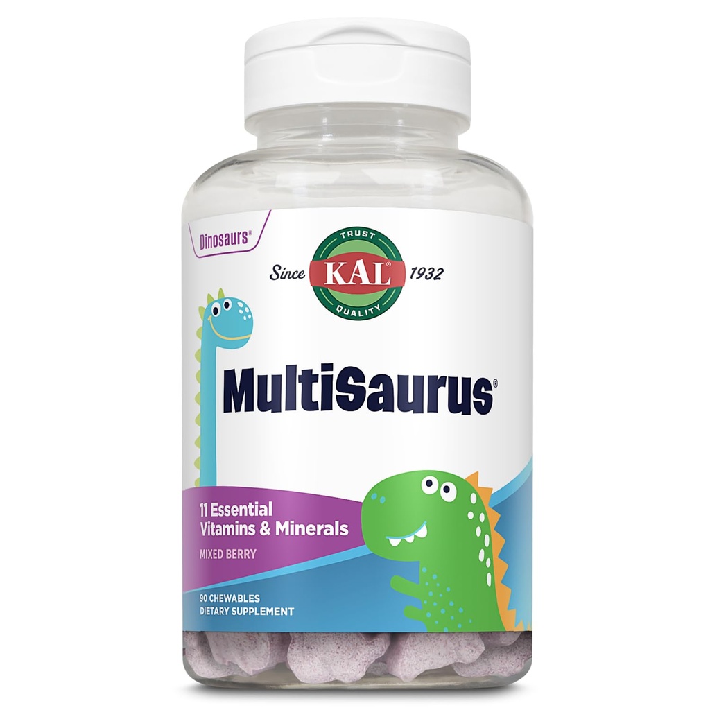KAL MultiSaurus παιδιά μασώμενες πολυβιταμίνες, 11 βασικές βιταμίνες και ορυκτά για παιδιά, μικτή γεύση μούρου, γλουτένη και συντηρητικά δωρεάν, 90 υπηρεσίες, 90 Dinosaur-Shaped μασώμενα