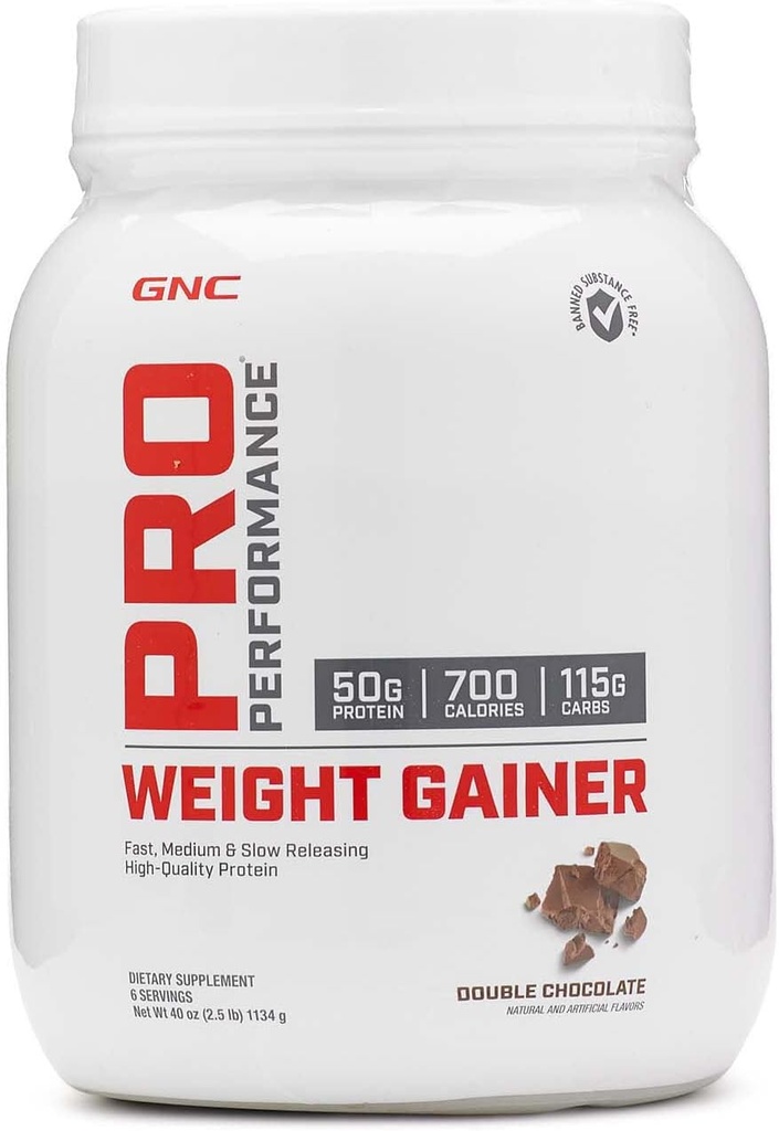 GNC Pro Performance Weight Gainer Protein Powder, 50g Πρωτεΐνη, Υψηλή θερμίδες, 700 θερμίδες, Υποστηρίζει τη μάζα και την αποκατάσταση των μυών, MCT, BCAA, 3ο μέρος δοκιμαστεί, διπλή σοκολάτα, 6 εξυπηρετούν, 2,5 lbs