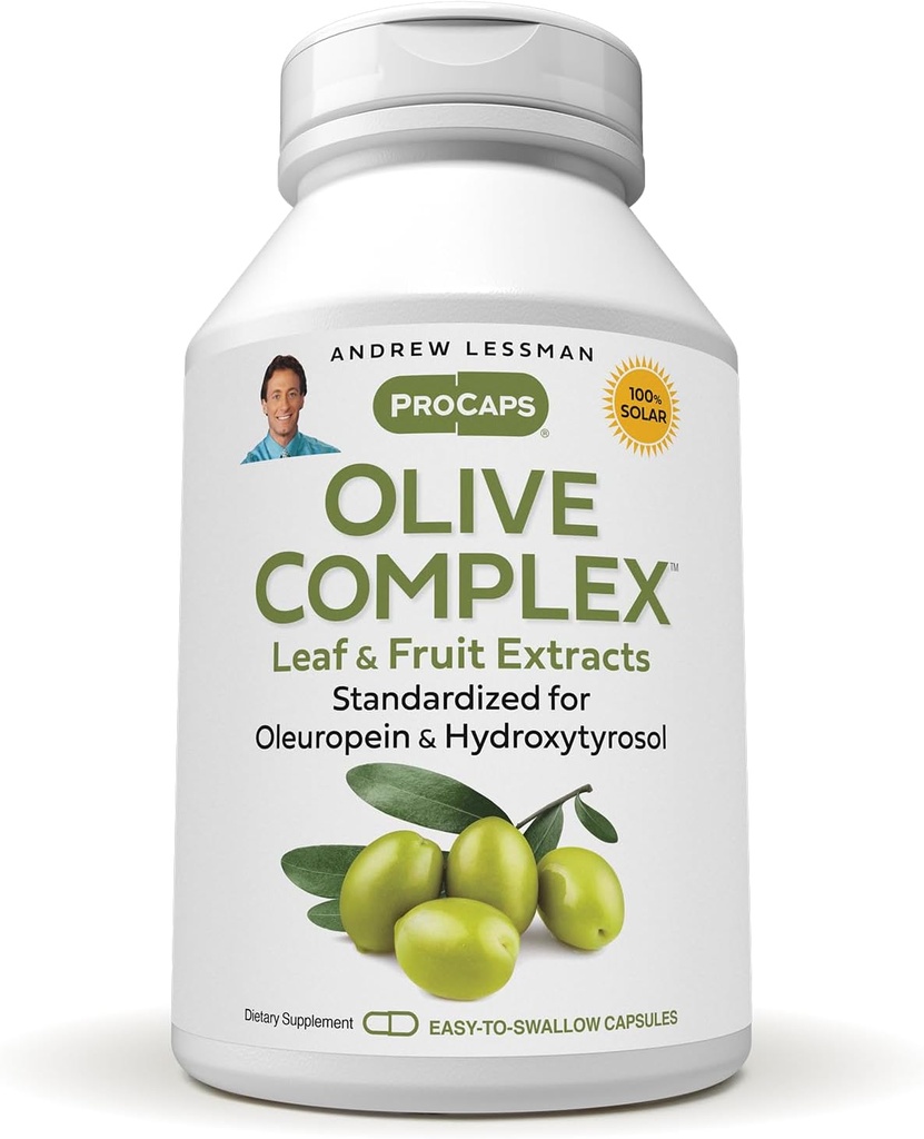 ANDREW LESSMAN Olive Complex - 240 Κάψουλες - Εκχυλίσματα φύλλων και φρούτων. Τυποποιημένη για Oleuropein και Hydroxytyrosol για την υποστήριξη της καρδιοαγγειακής και ανοσοποιητικής υγείας. Μικρά Εύκολα Καταπιείτε Καψάκια