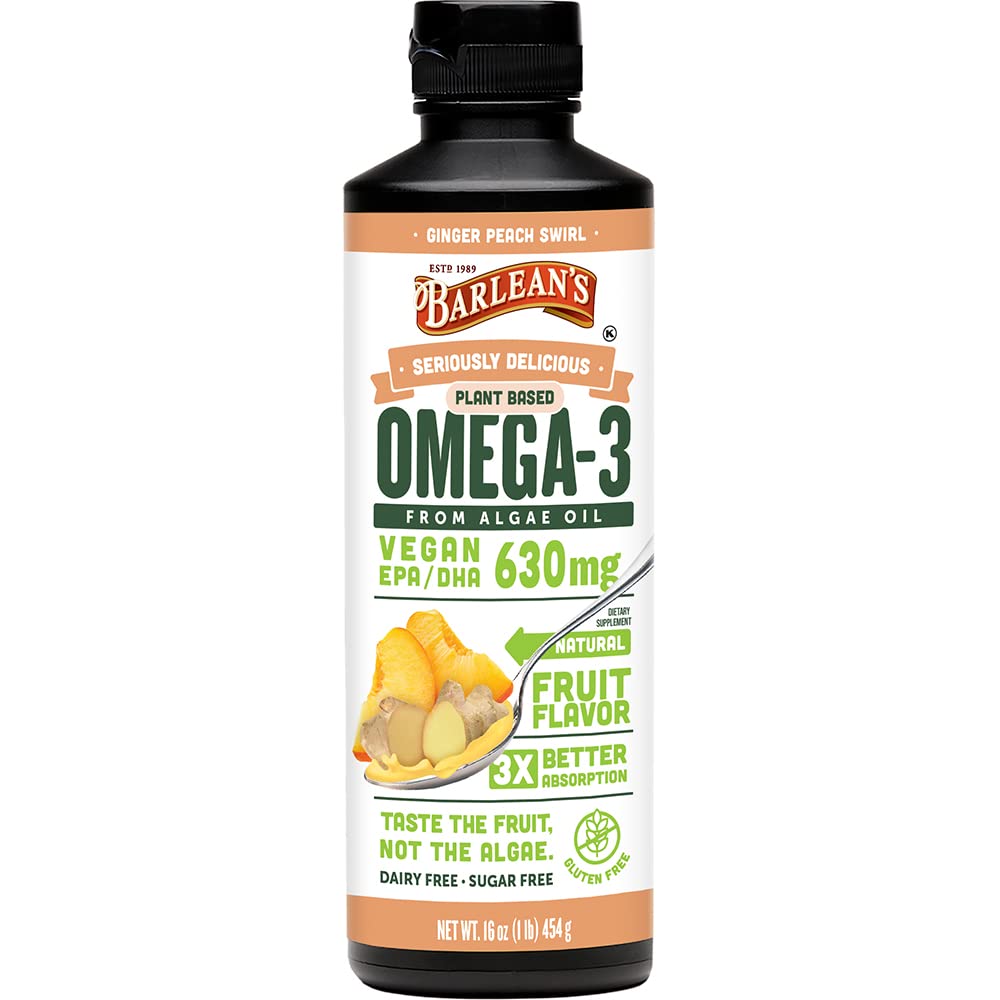 Συμπλήρωμα Ginger Peach Vegan Omega 3 της Barlean, Liquid Algae Oil με 630 mg EPA & DHA, Ωμέγα με βάση το φυτό από Algal Oil, Non-GMO & Gluten Free, 16 oz