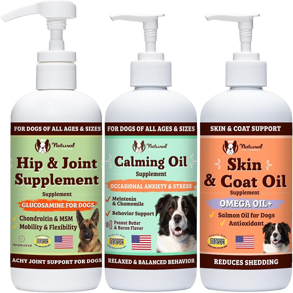 Natural Dog Company Wellness Bund$le for Dogs, Food Toppers, Liquid Supplements with (1) Skin & Coat Oil, (1) Liquid Glucosamine, (1) Calmining Oil