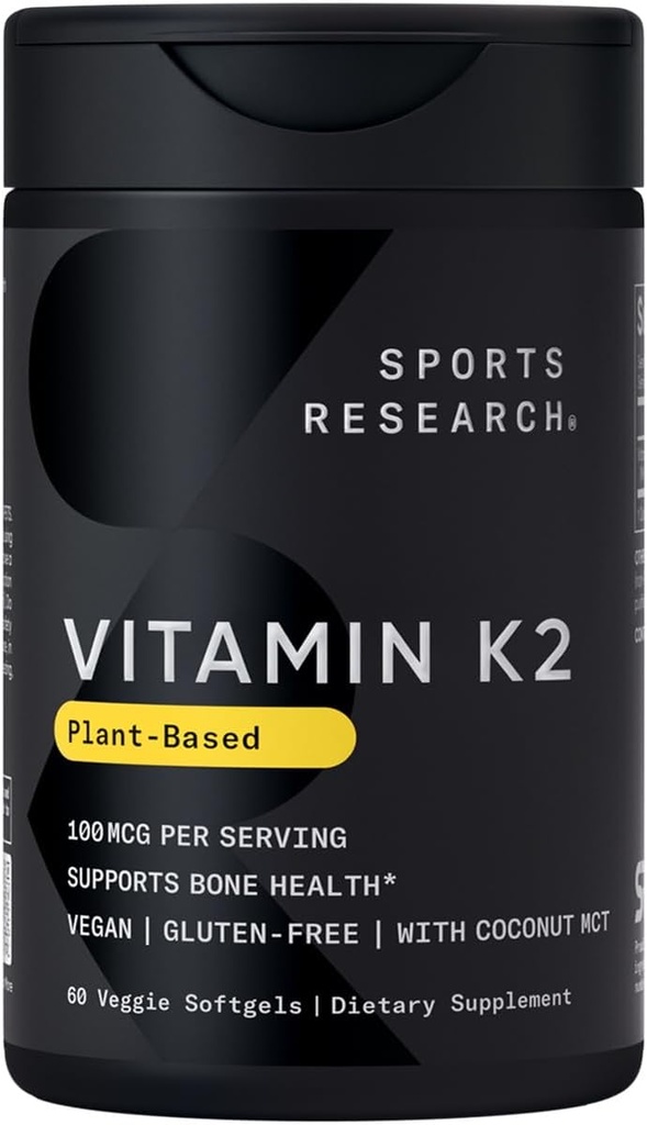 Sports Research® Βιταμίνη K2 ως MK-7 100mcg με λάδι καρύδας MCT - 60 Veggie Softgels (2 Μήνες προσφοράς) Vegan Πιστοποιημένο, μη ΓΤΟ Επαληθευμένο, Χωρίς γλουτένη & σόγια