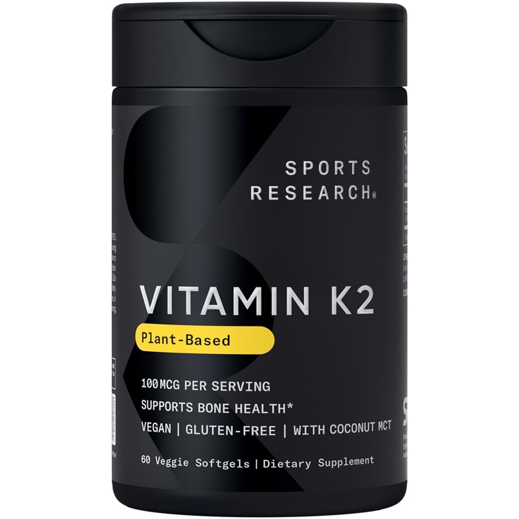 Sports Research® Βιταμίνη K2 ως MK-7 100mcg με λάδι καρύδας MCT - 60 Veggie Softgels (2 Μήνες προσφοράς) Vegan Πιστοποιημένο, μη ΓΤΟ Επαληθευμένο, Χωρίς γλουτένη & σόγια