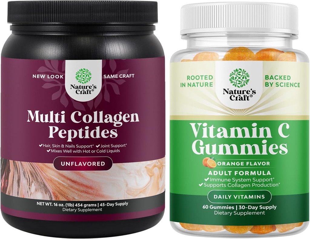 Δέσμη από Multi Collagen Protein Powder για γυναίκες και άνδρες - δέρμα μαλλιών και νύχια Βιταμίνες και μασώμενη βιταμίνη C Gummies για ενήλικες Ανοσοποιητικό Booster για ενήλικες και φυσικό κρύο Remedy