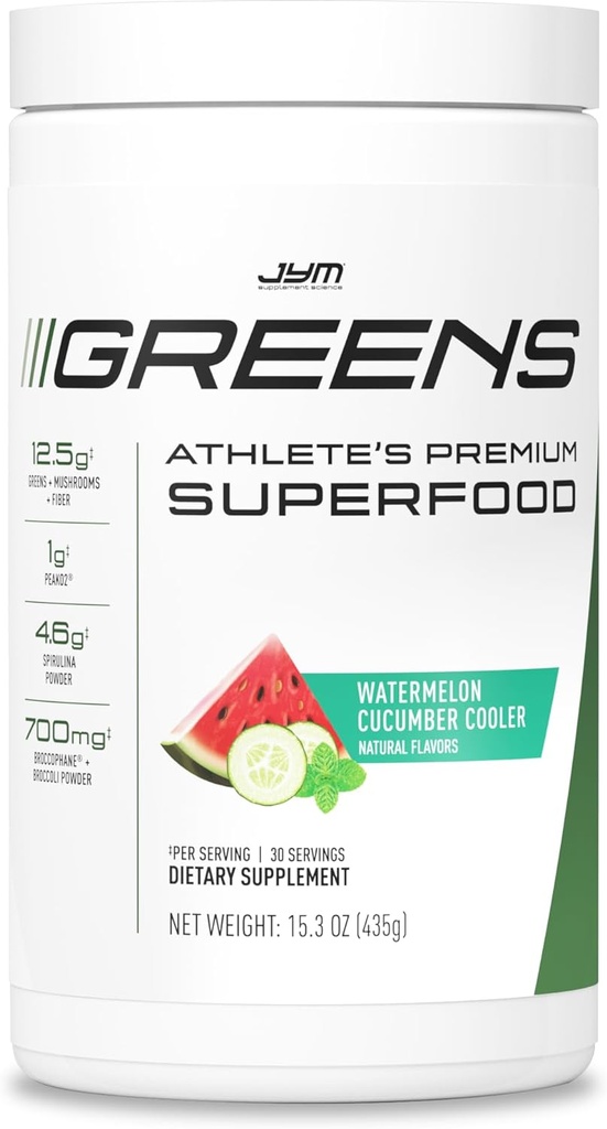 JYM Greens Super Food Powder for Performance, Watermelon Cucumber, Spirulina, Μανιτάρια, Βιταμίνες, BroccoPhane & Broccoli, Άνδρες & Γυναίκες, 30 Μερίδες