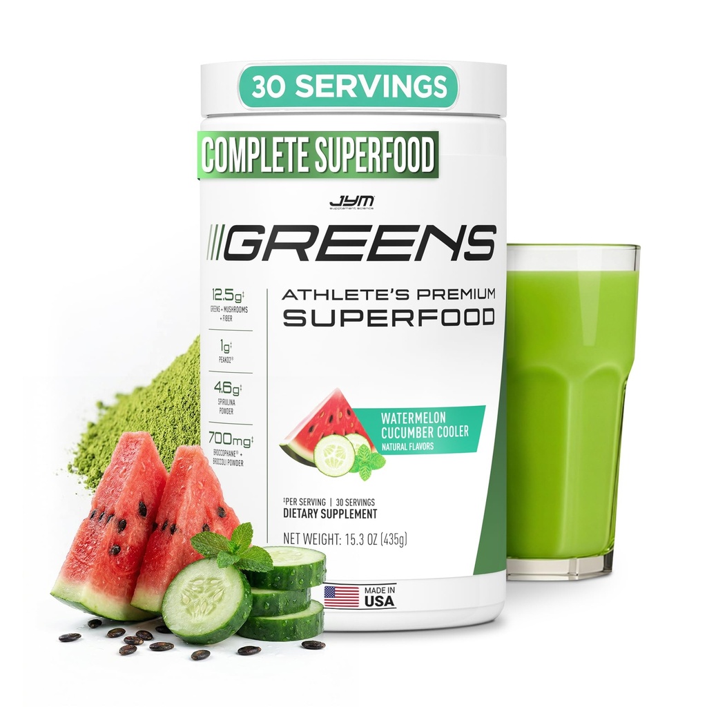 JYM Greens Super Food Powder for Performance, Watermelon Cucumber, Spirulina, Μανιτάρια, Βιταμίνες, BroccoPhane & Broccoli, Άνδρες & Γυναίκες, 30 Μερίδες