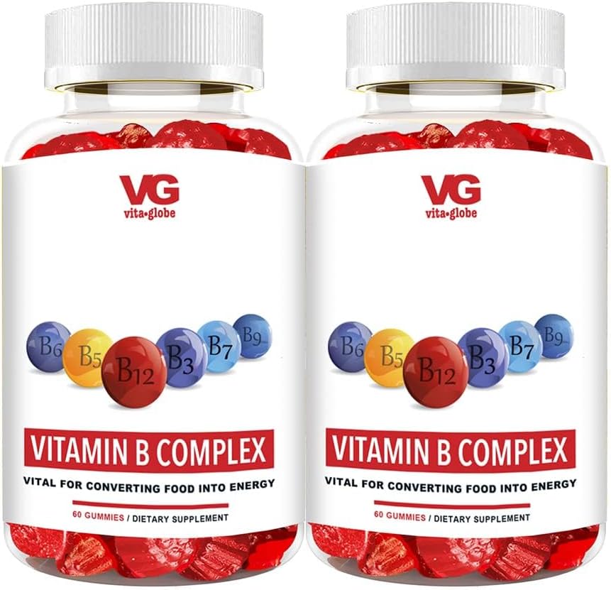 VITA GLOBE B Complex Gummy Vitamins - Strawberry Flavor with Vitamin C, Niacin, B6, B12 & Biotin for Energy, Heart Health and Brain Support, 120 Count (Pack of 2)