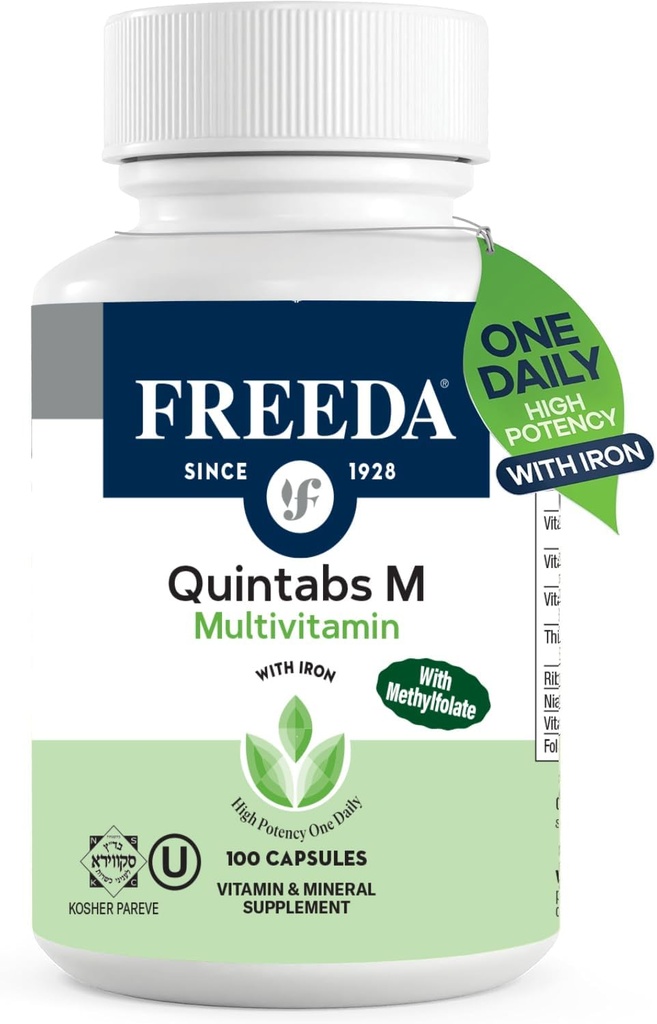 FREEDA Multivitamin – Quintabs-M με σίδηρο – Kosher Multi Vitamins Συμπληρώματα για την Υγεία των Γυναικών - Πολυβιταμίνες για γυναίκες & άνδρες με έλλειψη σιδήρου Πολύβιταμίνες Ενηλίκων (100)