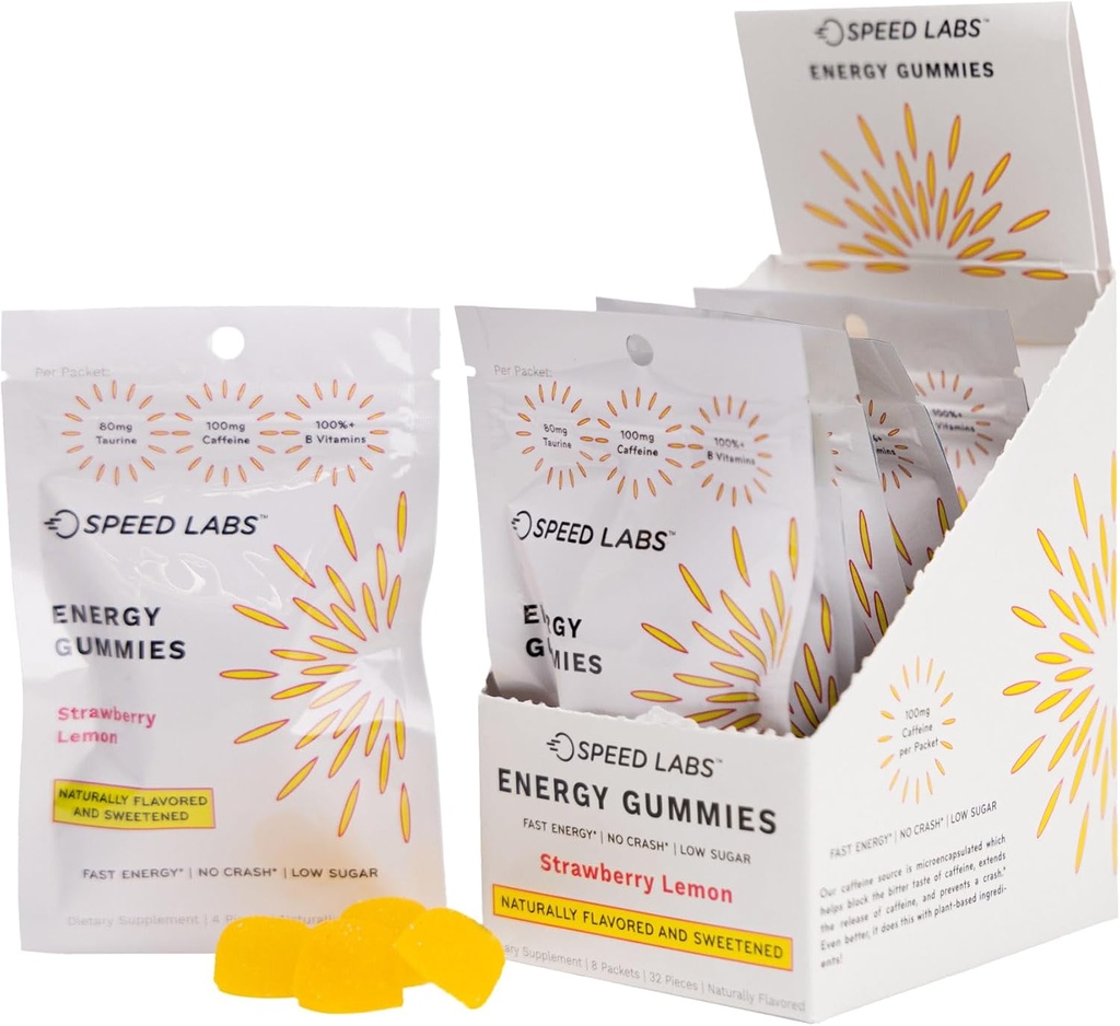 Speed Labs Caffeine Energy Gummies Strawberry Lemon Φυσικό, 25mg καφεΐνη, Ταυρίνη, B-βιταμίνες ανά κομμάτι, 32 κομμάτια (8 συσκευασίες) Vegan, Χωρίς γλουτένη, 1g Προστιθέμενη ζάχαρη
