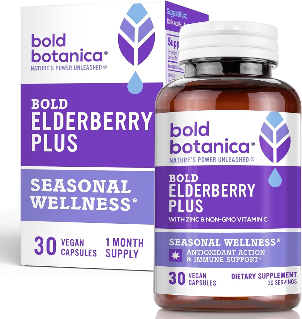 Τολμηρό Botanica Elderberry Plus - 65x συμπυκνωμένο εκχύλισμα Black Elderberry με ψευδάργυρο & βιταμίνη C για καθημερινή ανοσοποιητική υποστήριξη & εποχιακή ευεξία - μη-GMO, 30 κάψουλες Vegan