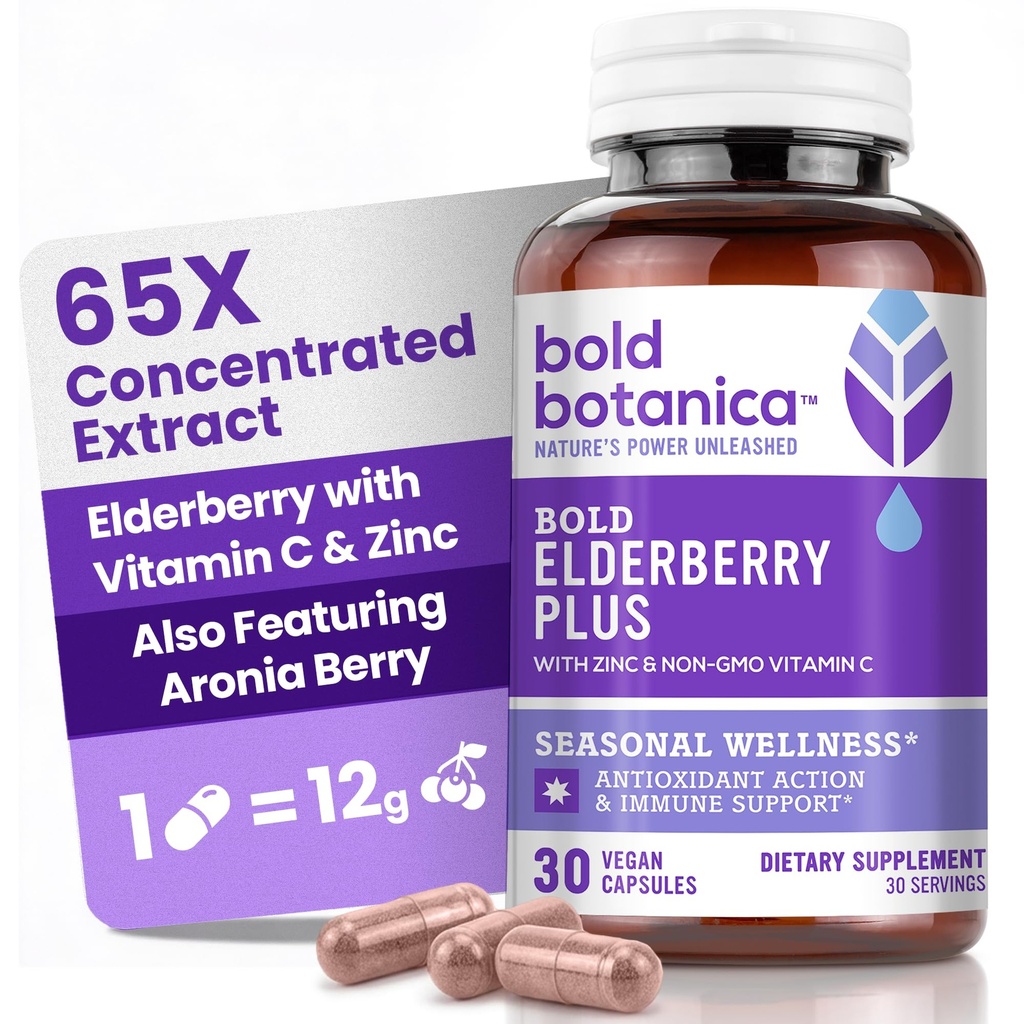 Τολμηρό Botanica Elderberry Plus - 65x συμπυκνωμένο εκχύλισμα Black Elderberry με ψευδάργυρο & βιταμίνη C για καθημερινή ανοσοποιητική υποστήριξη & εποχιακή ευεξία - μη-GMO, 30 κάψουλες Vegan